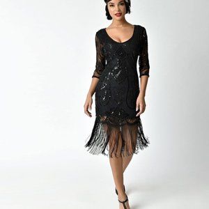 Unique Vintage Black Beaded & Sequin Sleeved Fringe Cocktail Dress
